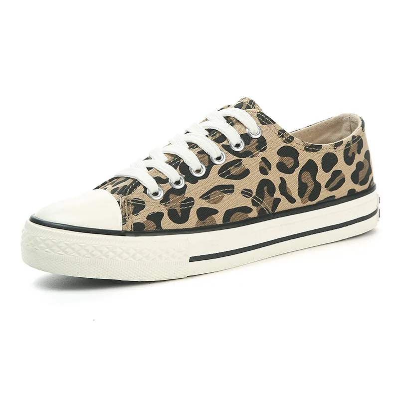 Sapatos femininos de lona com estampa leopardo, sapatos vulcanizados, novo estilo, tendência da moda