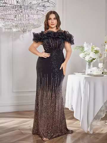 UNITHORSE Random Cut One Shoulder Sleeveless Back Adjustable Tie Glitter Gradient Color Evening Party Dress