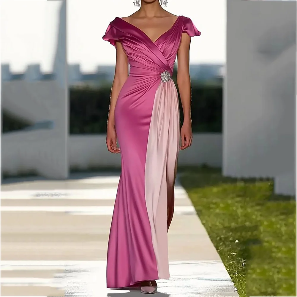

Contrast Color Evening Dress for Party Satin Short Sleeves Pleats Women Prom Gowns V-Neck A-Line Celebrity Dress Customized