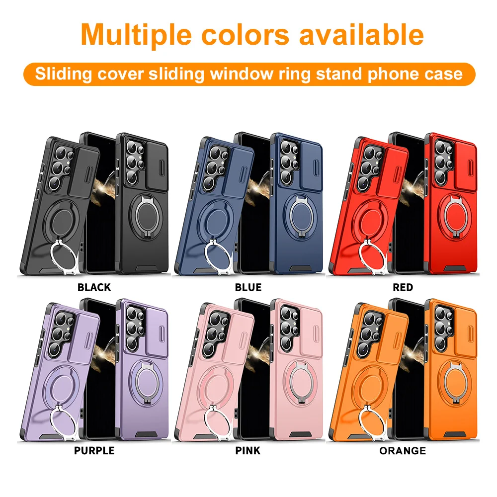 Magnetic Ring Stand Phone Case Cover for Samsung Galaxy S25 S24 S23 S22 S21 S20 Ultra S25 Edge Note 20 Ultra with Sliding Camera