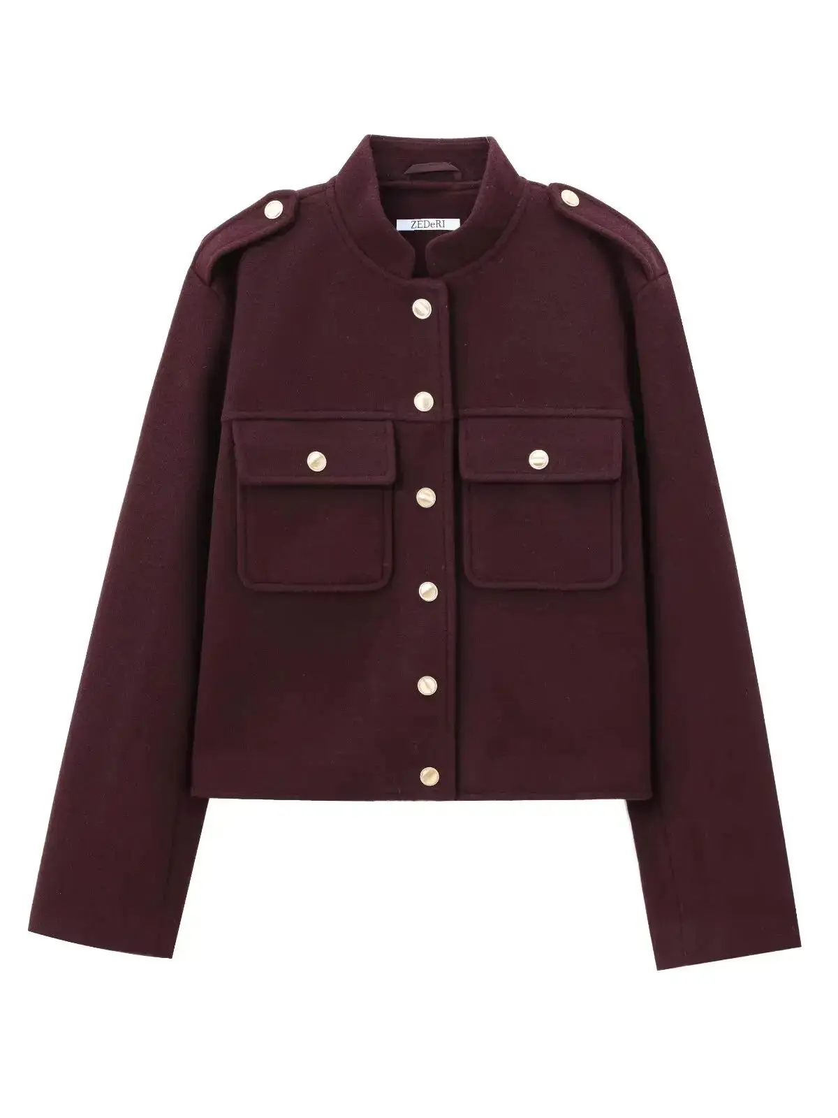 Women's Spring Autumn Vintage Wine Red Tweed Cropped Woolen Blends Jackets Female Elegant Buttons Pockets Streetwear Short Coats