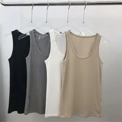 女性用ラウンドカラーのストレッチノースリーブニットTシャツ,コットンベスト,春のタンクトップ,夏,新品,24