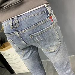 Summer light color jeans men's retro fashion brand embroidery slim fit small feet Korean fashion casual thin nine point pants