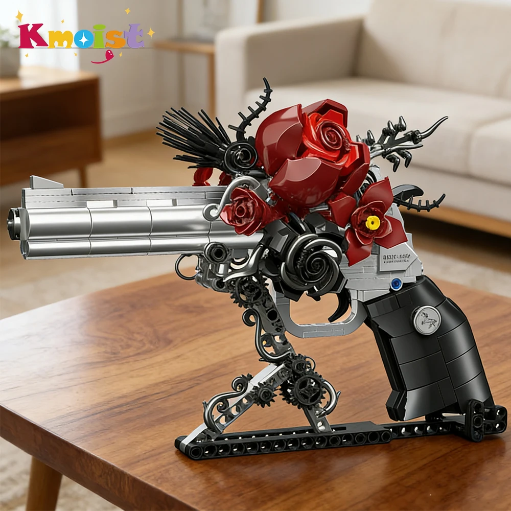 Technical Mechnical Rose Revolver Pistol Guns Building Blocks Red Flower Petal Guns MOC Bricks Assemble Toys for Children Gifts
