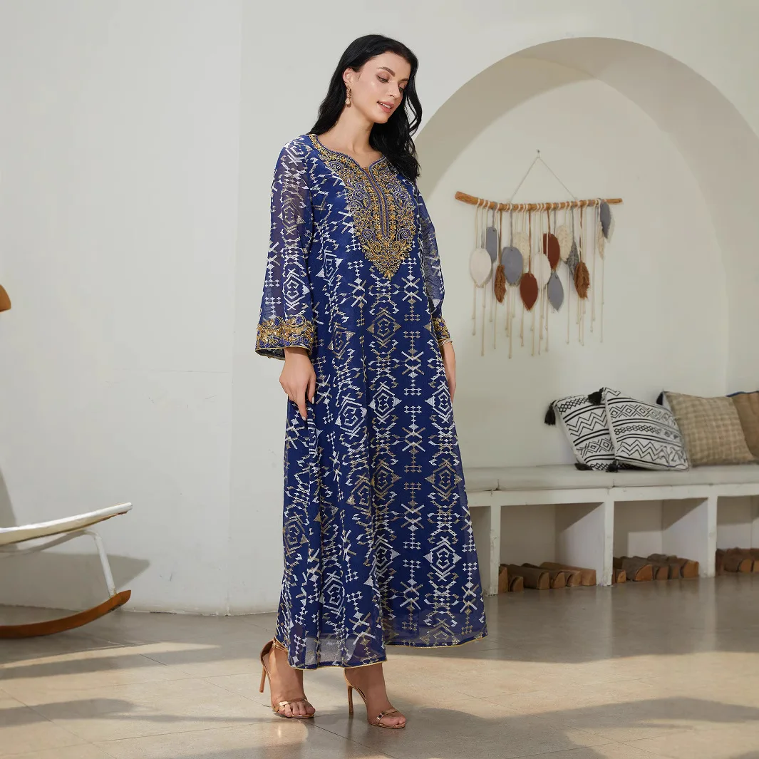 

2026 Middle East Muslim New Fashion Women's Mesh Spliced Embroidered Casual Trendy Loose Long Sleeve Ankle Length Dresses Abaya