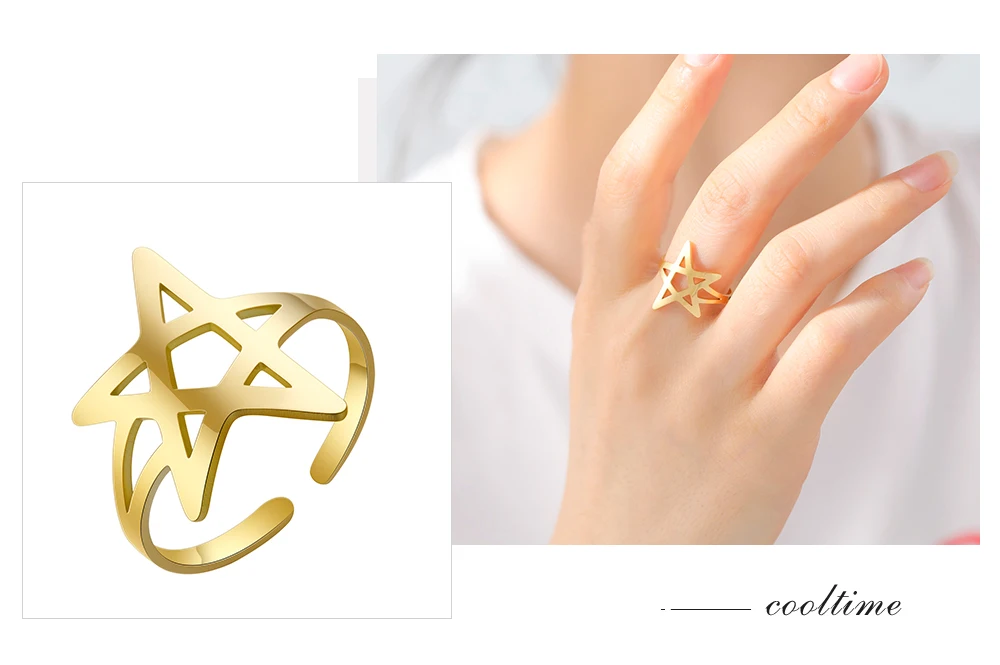 COOLTIME Hohle Pentagramm Verstellbare Ringe für Frauen Edelstahl Trend Stern Mond Ringe Schmuck Geschenk – Detail 8