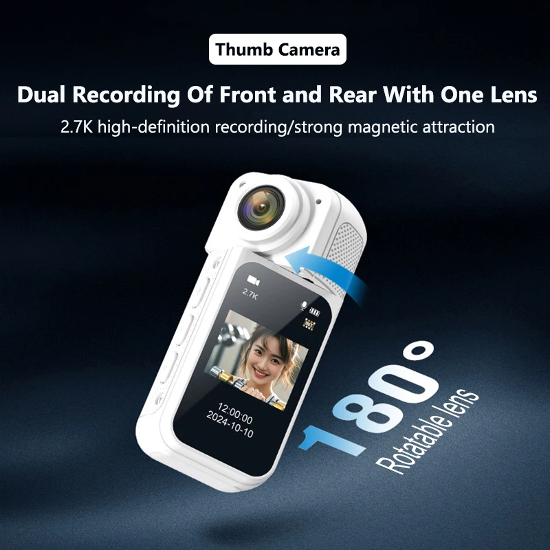 2.7K Thumb Camera 1.47 Inch HD Screen Pocket Action Camcorder Outdoor Sports Cycling Cam 180° Rotation Magnetic Video Recorder
