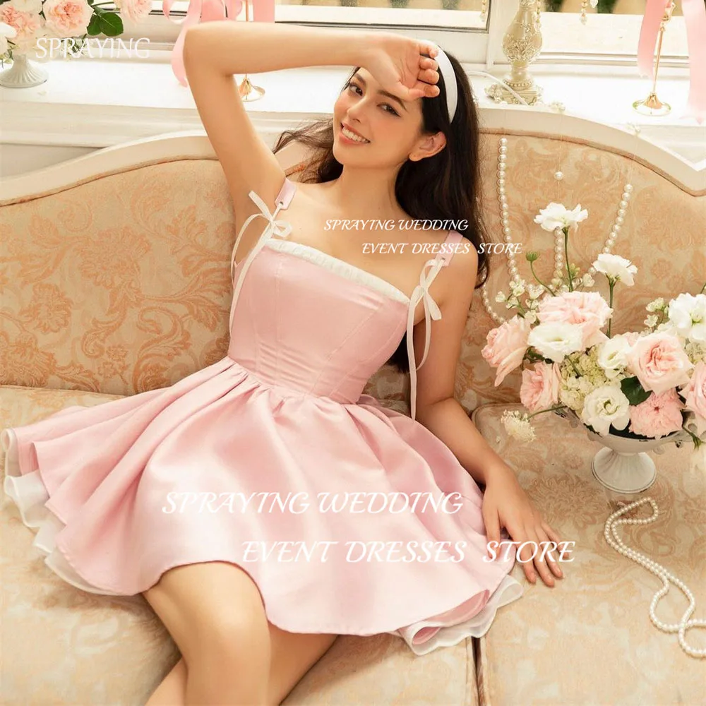 

SPRAYING Sexy A-line Pink Cocktail Dress Spaghetti Strap Mini Sweetheart Short Prom Gown Woman Satin Pleat Formal Party Dresses