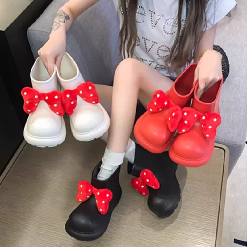 Disney Girl Heart Bow Big Head Short Boots 2024 New High Top Waterproof  Anti Slip Rain Boots For External Wear Student Red Boot