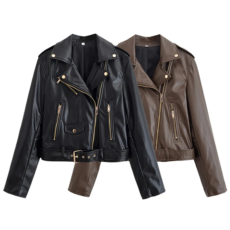 

Шикарные куртки из искусственной кожи на молнии с поясом для женщин, новое осеннее пальто, женская винтажная мотоциклетная куртка Y2K, верхняя одежда с длинными рукавами