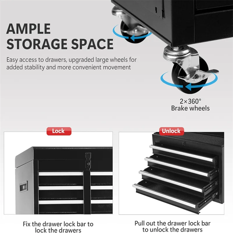 Tool Chest, 2 in 1 Tool Boxes with Drawers, Tool Cart with Organizer Tray Divider Set Wheels, Large Rolling Tool Box Organizer