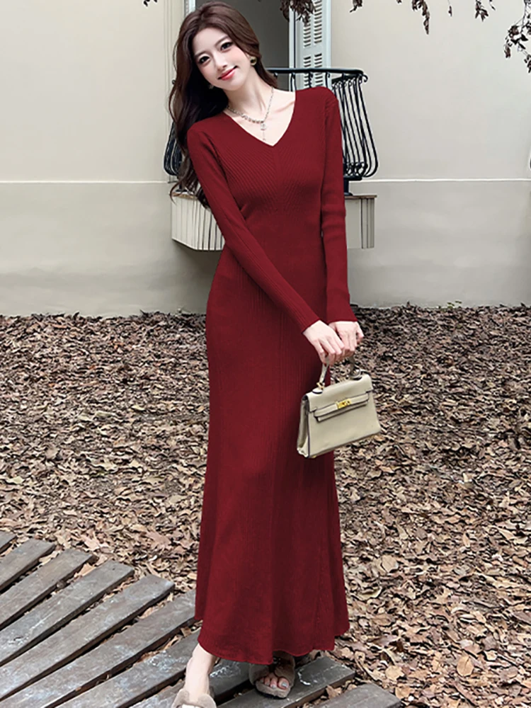Women Solid Knitted Screw Thread Long Sleeve V-Neck Dress Autumn Winter Elegant Bodycon Sweaters 2026 Korean Vintage Party Dress