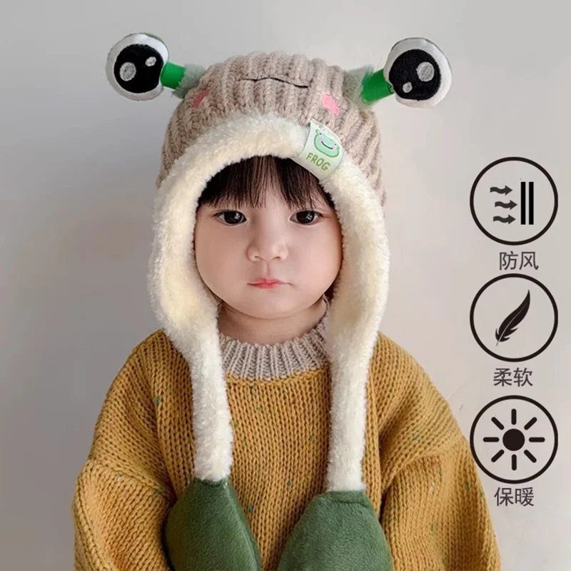 

4-8Y Cute Bear Earpuff Textured Knit Hats Baby Boys Girls Thick Warm Winter Ear Protection Caps Cotton Lining Kids