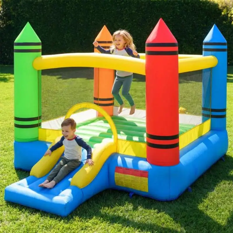 2-in-1 Aufblasbare Hüpfburg, Crayon-Thema, mit Rutsche, Große Sprungfläche, Indoor/Outdoor Aufblasbare Burg, Spielbereich