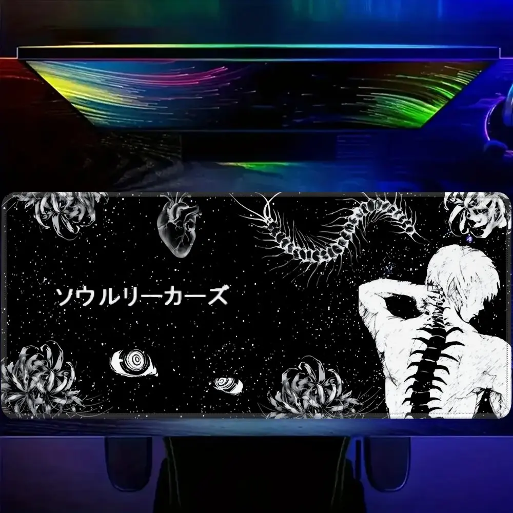 Dark Skeleton & Plants Gaming Mouse Pad, Large Extended Non-Slip Desk Mat with Japanese Text for Gamers & Home Office