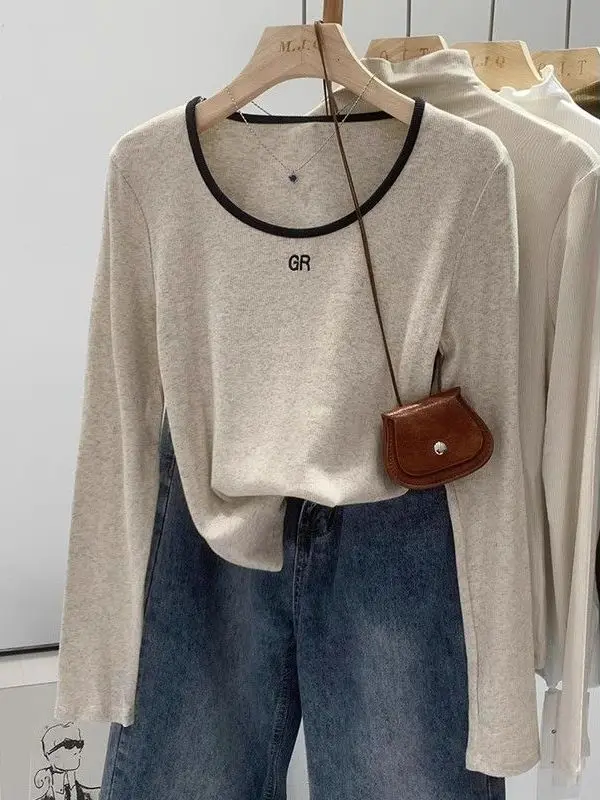 

Женская футболка размера плюс 300 Pou Long Sve U-Ne, облегающая осенне-зимняя модная корейская футболка из хлопка и полиэстера, повседневный топ