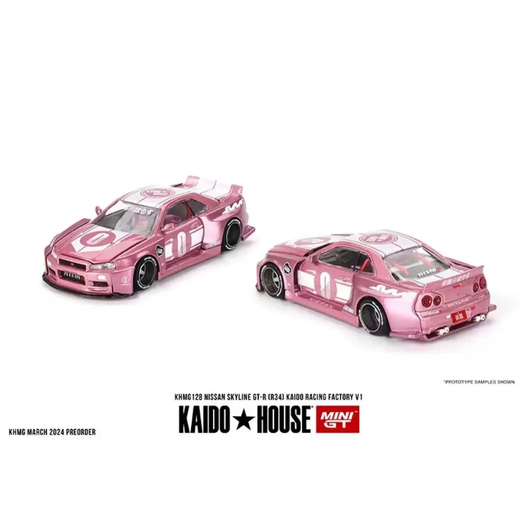 Kaido+MINIGT 1:64 Skyline GT-R (R34) نموذج سبيكة وردي/فضي