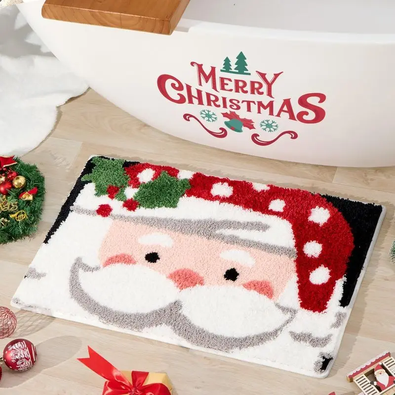 VIKAMA Christmas Faux Cashmere Door Mat Red Nose Reindeer Rudolph Face Print Non Slip Mat For Front Door Porch Entry Home Decor