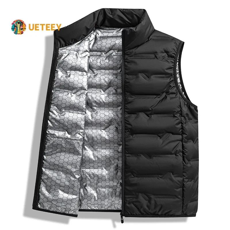 Winter White Down Vests Men Graphene Self-heating Windproof Pleated Vest Man Stand Collar Casual Warm Warm Down Waistcoats Male