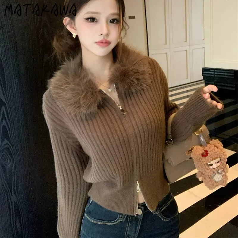 Slim Fit Women American Vintage Warm Striped Cardigan Furry Collar Double Zipper Loose Lazy Fit Spring Autumn Sweaters