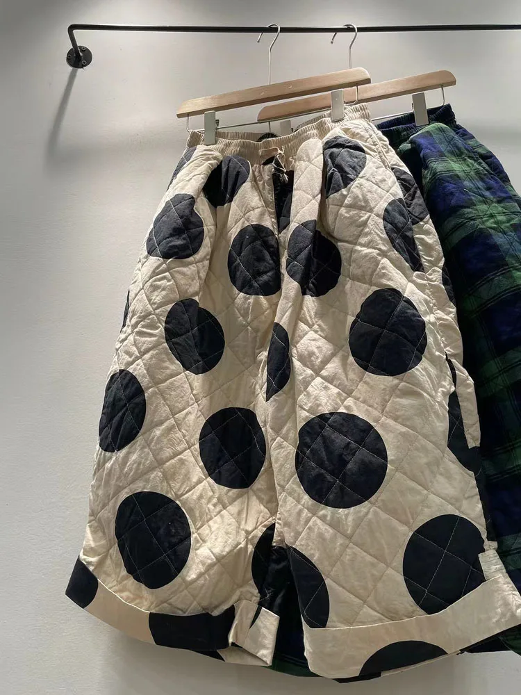 

Winter Women's Loose Cotton Thermal Wide Leg Pants High Waist Nine Points Korean Sle Polka Dot Trousers Fem Faion