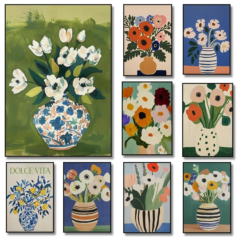 Blumenblumen in einer Vase, Kunstposter, Wildblumen-Leinwandgemälde, Druck, moderne Küche, minimalistisch, bunt, Wanddekoration
