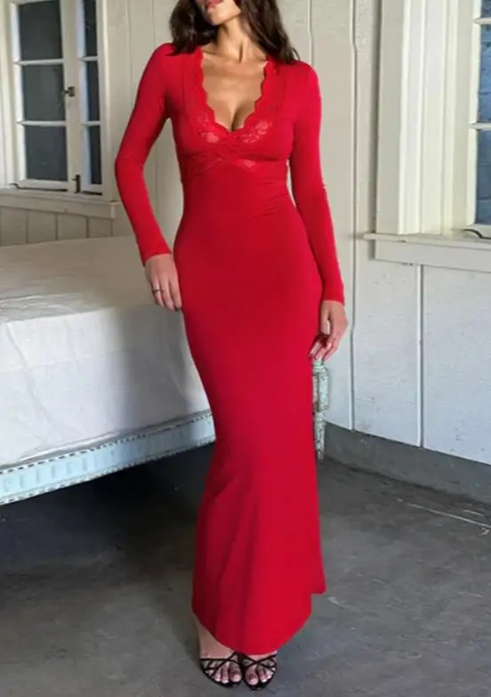 

Red V-Neck Lace Patchwork Long Sleeved Slim Fit Dress with Wrapped Buttocks and Fish Tail, Elegant and Sexy Long Skirt