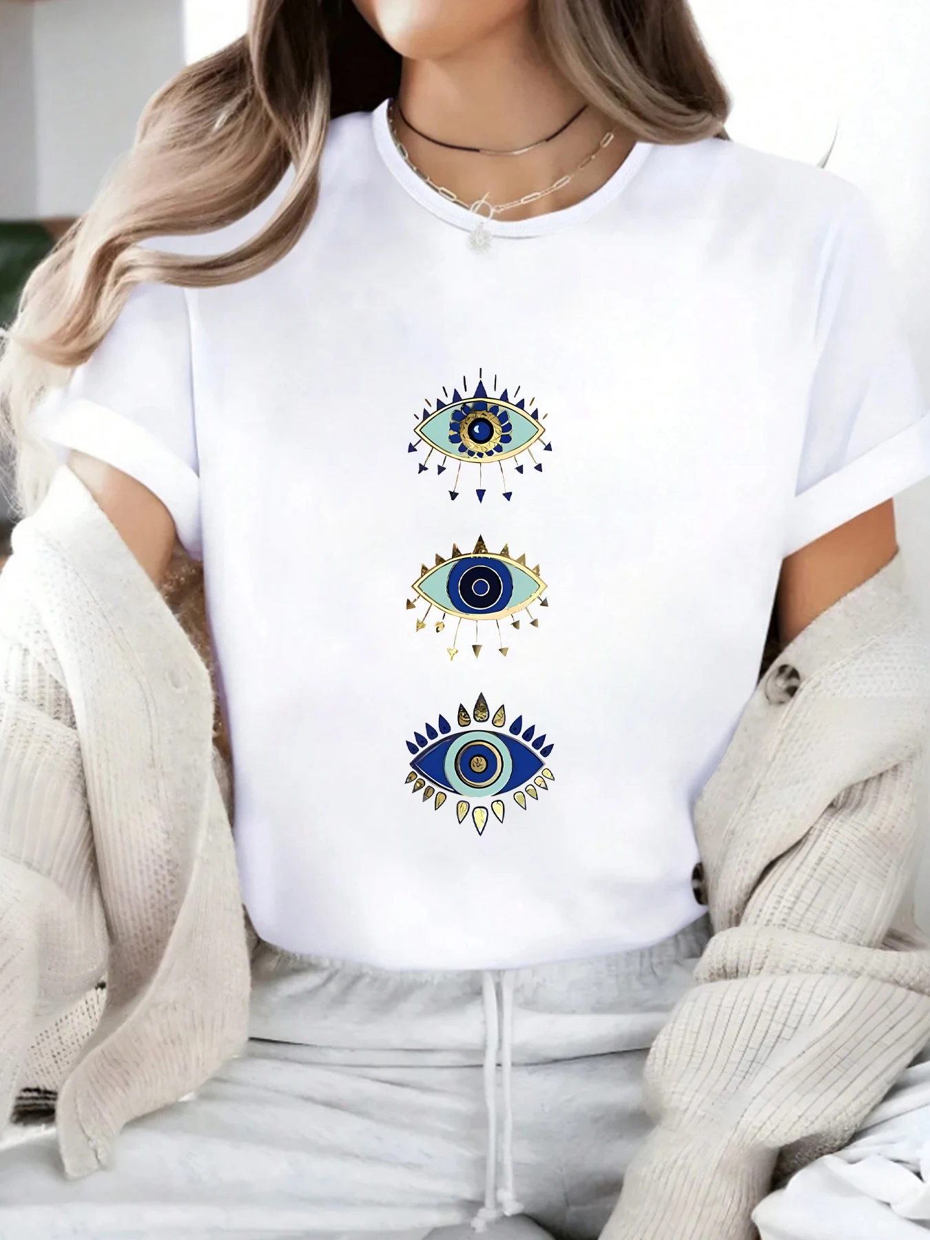 

Three-eyed Plus size women's round neck short sleeve T-shirt with elastic half sleeves and trendy prints