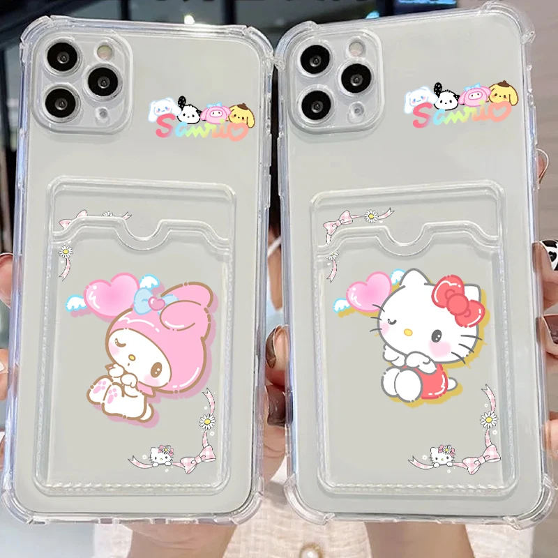 Sanrio Family Kuromi Cartoon For iPhone 15 14 13 12 11 XS XR X 8 7 Pro Max Plus Mini Photo Card Bag Transparent Funda