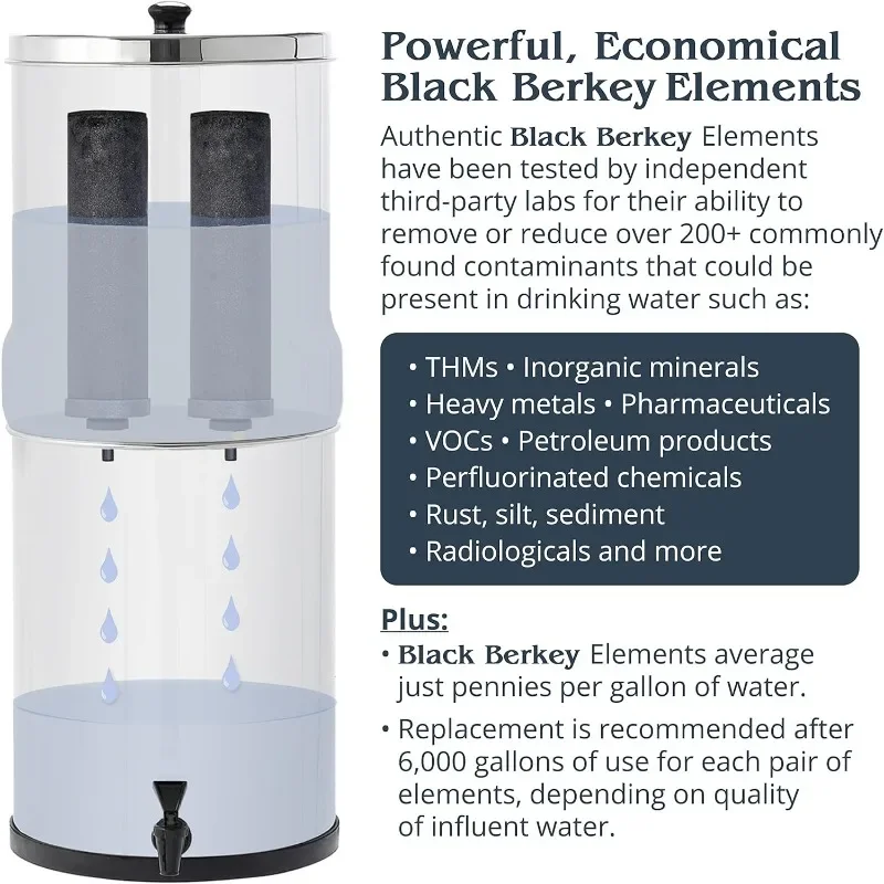 Sistema di filtraggio dell'acqua a gravità Royal Berkey da 3,25 galloni con 2 elementi Berkey neri, 2 fluoruri Berkey PF-2 e arsenici