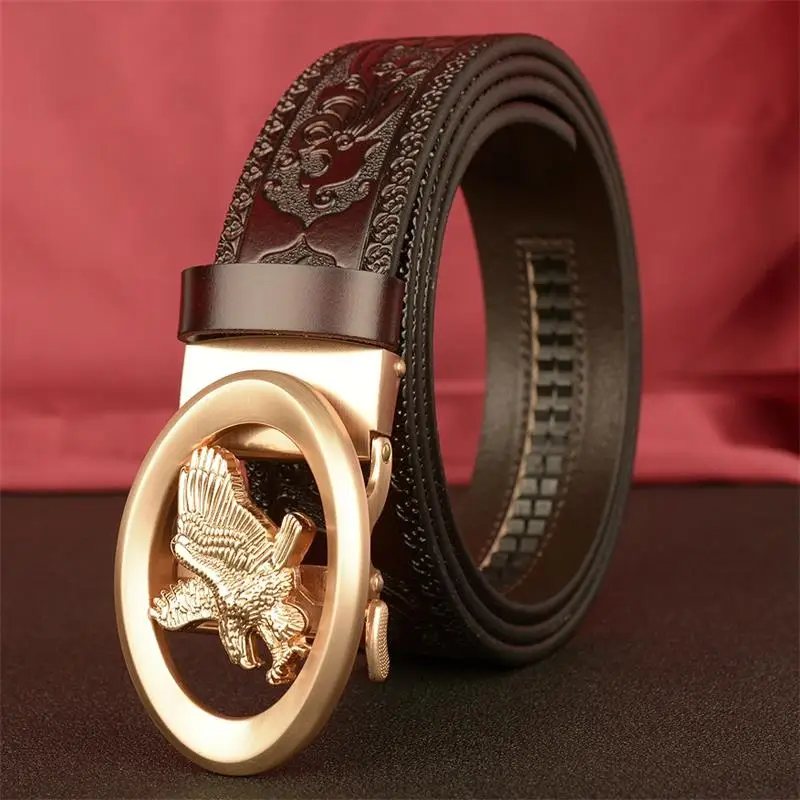 SupSindy Men's Genuine Leather Belt Luxury Gold Eagle Metal Automatic Buckle Cowhide Belts for Men Jeans Waistband Male Strap