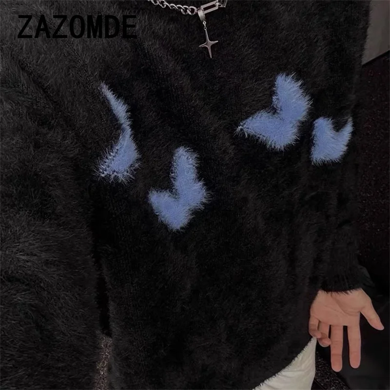 ZAZOMDE Harajuku الموهير سترة Y2K الرجال محبوك فراشة مريحة البلوز الشارع الشهير عادية فضفاض كم طويل رقيق غامض البلوز #3