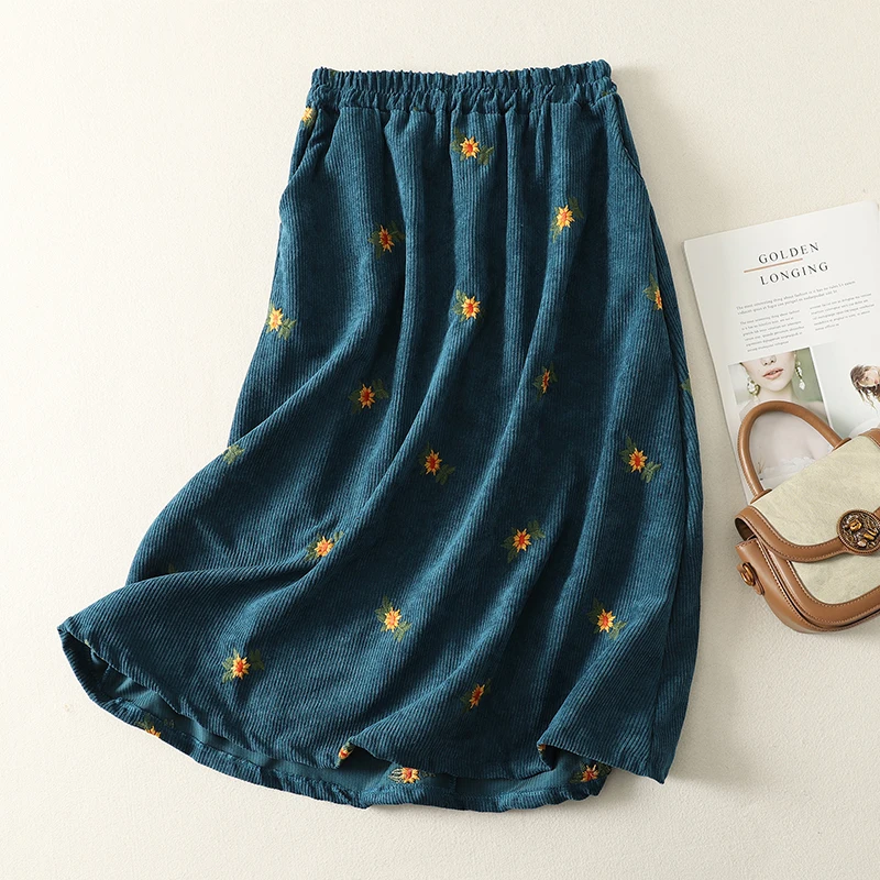 レディースAラインシフォンスカート刺繍入りコットンベルベット秋冬ロング傘スカート通勤カジュアルミッドウエストデザイン