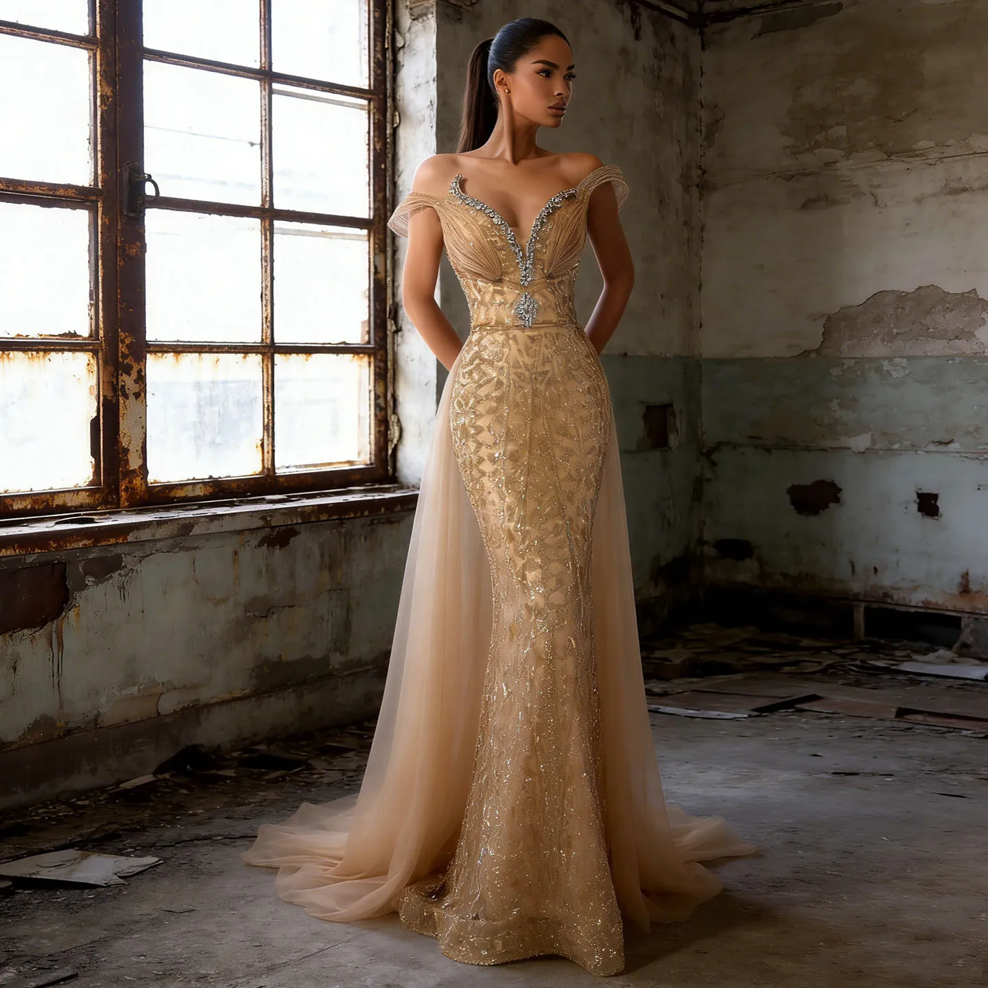 

Eshaut&Bridal Luxury Beaded Mermaid Evening Dress with Overskirt 2026 Off Shoulder Formal Prom Wedding Party Gown Customized