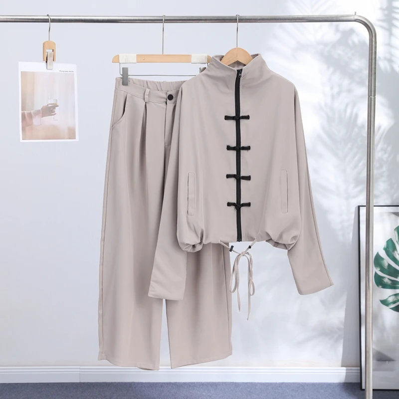 2026 Herbst Casual Dekor-Mantel-Hosen-Set für Damen, Langarm, Einfarbig, Stehkragen, Lose Mäntel, Lange Hosen-Sets, Damen-Oberbekleidung, Neu – Detail 3