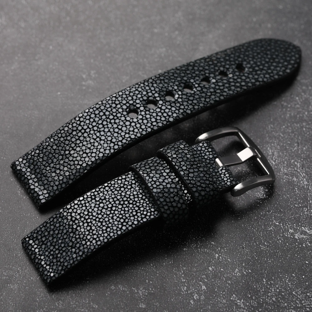 Handmade Pearl Fish Leather Strap 20 22 24MM Black Vintage Men Watch Bracelet Wear-Resistant High-Grade Leather Bracelet