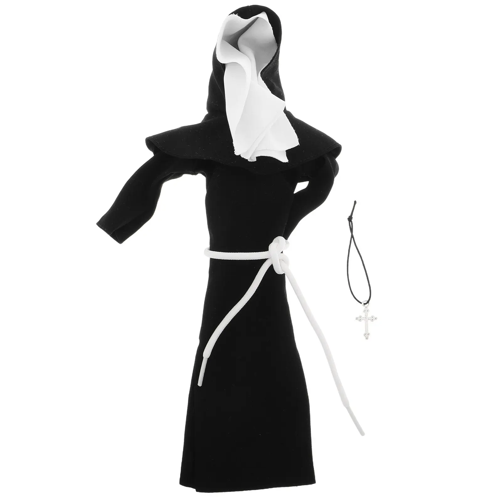 

Nun Clothing Set Black Skirt Habit Veil Headpiece Cross Pendant Necklace for Miniature Role Play Church Themed Display Halloween