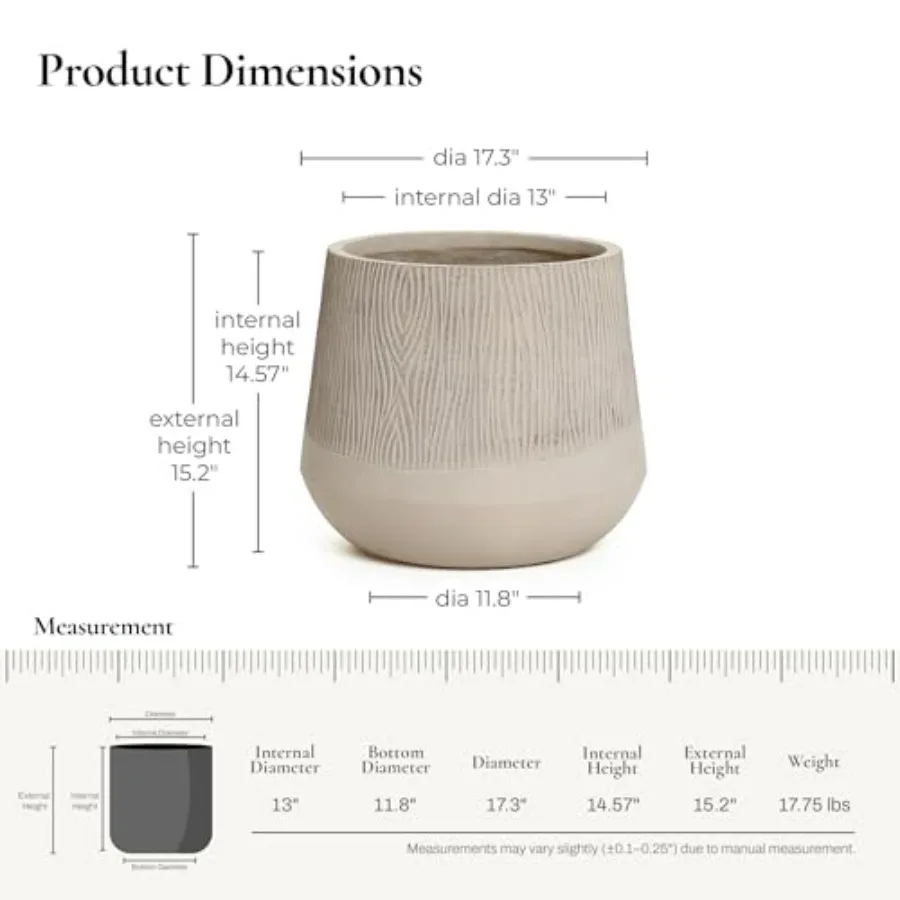 Outdoor indoor concrete planter, 17 dia, blended tan with wood pattern, drainage hole and rubber plug, for home garden patio