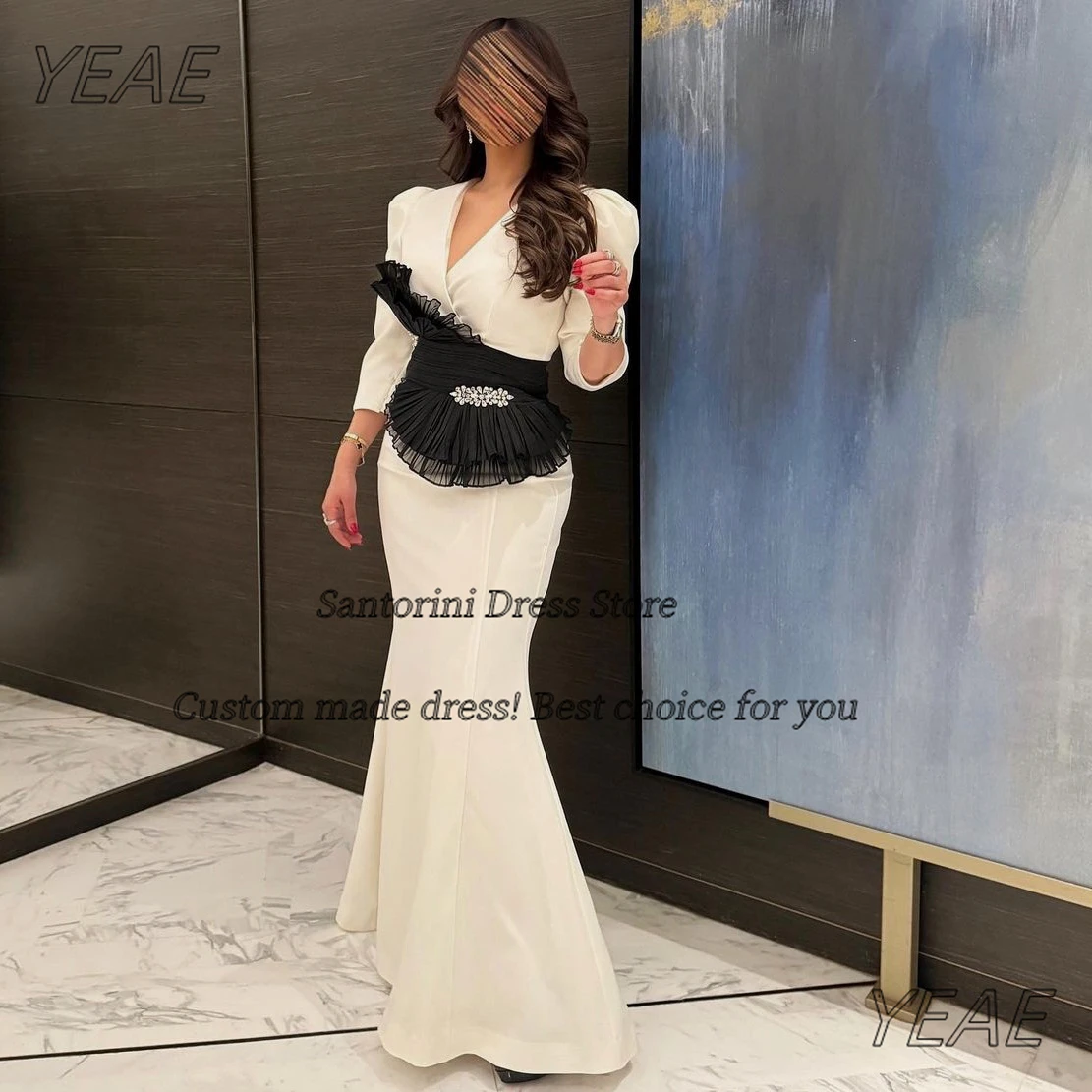 

Santorini Elegant Women Wear Mermaid Evening Dresses V Neck Sash Prom Dress Three Quarters Vestidos Des Formal Party Gowns