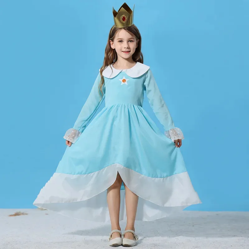 XT8Peach Rosalina Meninas Daisy Cosplay Roupas Crianças Halloween Dress Up Roupas Verão Lace Applique Princesa CostuXT6@!