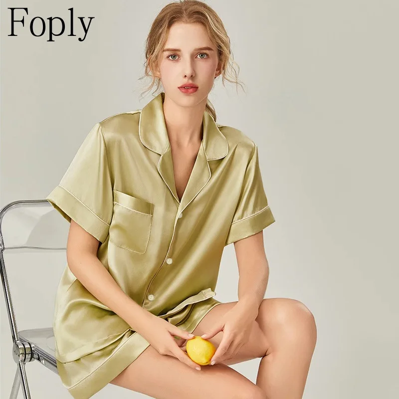 

Women Pajamas Set Spring Summer 2 Piece Cardigan Pyjama Satin Silk Sleepwear Button Shortsleeve Top Shorts Pijama Pjs Loungewear