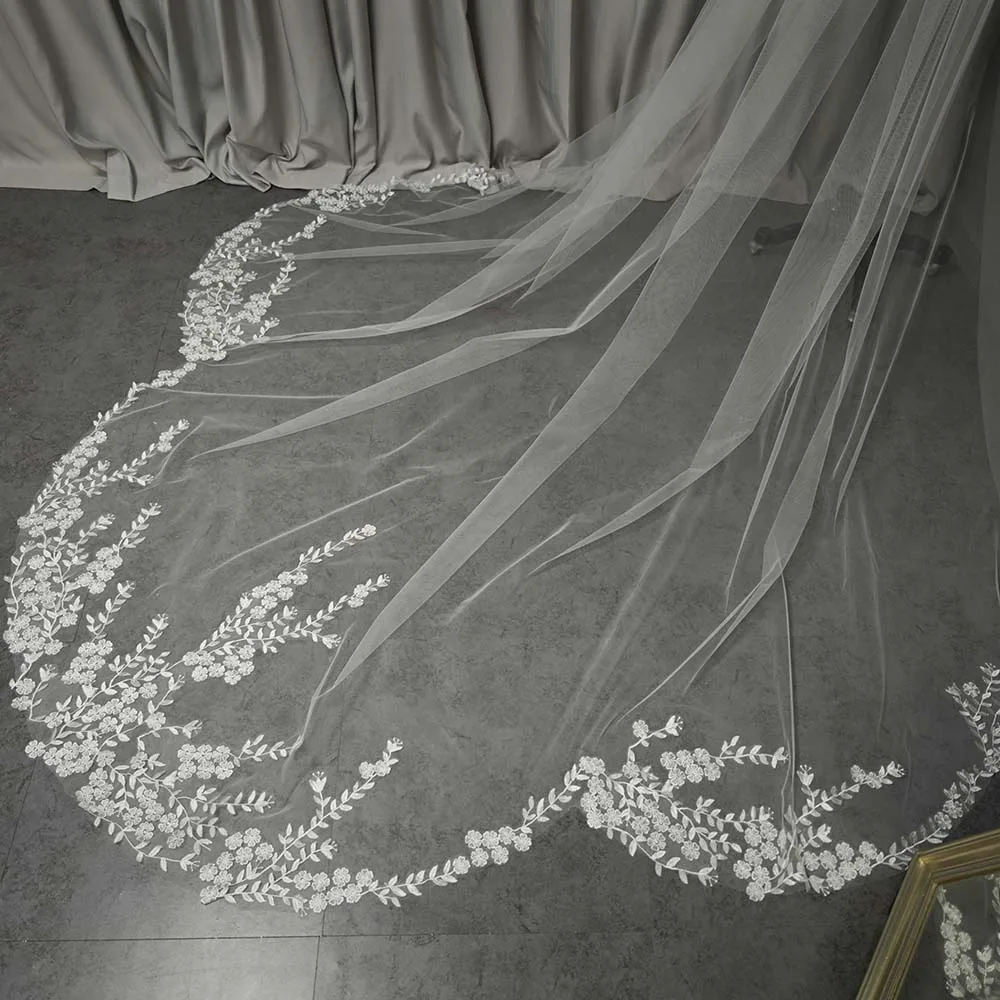 Customized Mermaid Tail Cathedral Wedding Veil, Beautiful Floral Lace Bridal Veil, 3m/3.5m/4m Long Single Tier Veil, Velo