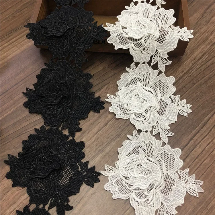 3Yards/lot White Beautiful Double Layer Stereo Black Lace Flower Patch Water Soluble Lace Skirts DIY Accessories Skirts RS750-2