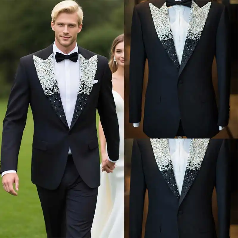 

Customized High End Men Suit 2 Pieces Diamond Crystals Blazers Slim Fit Wedding Tuxedos Ropa hombre Prom Customized