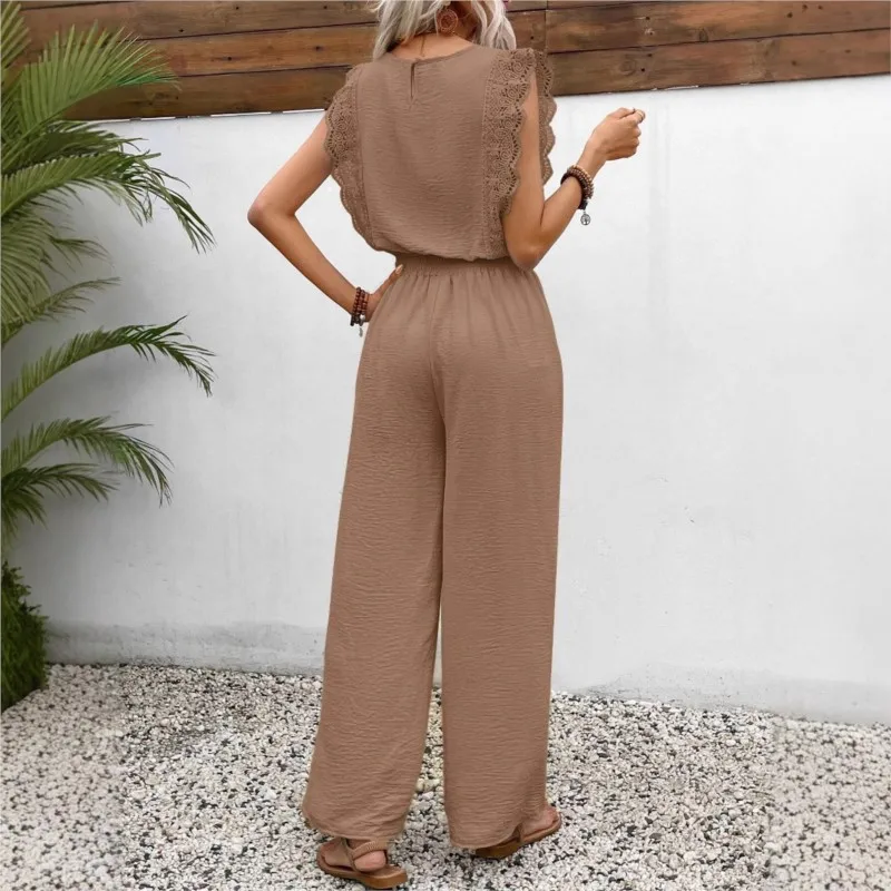 2025 verão calças de cor sólida conjuntos de duas peças feminino em torno do pescoço renda emenda voar manga calças senhoras terno para mulher deslocamento