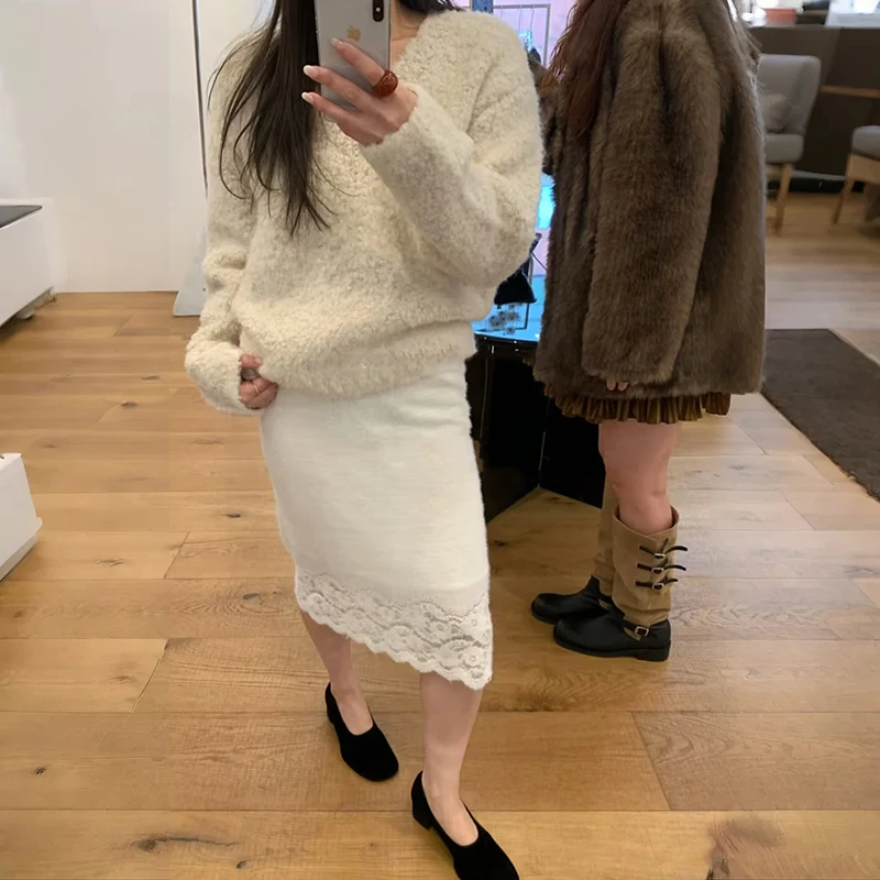 Elegant White Lace Trim Elastic Thin Summer Midi Dress French Style Knitted Long Skirt for Women Straight Cut Polyester Blend