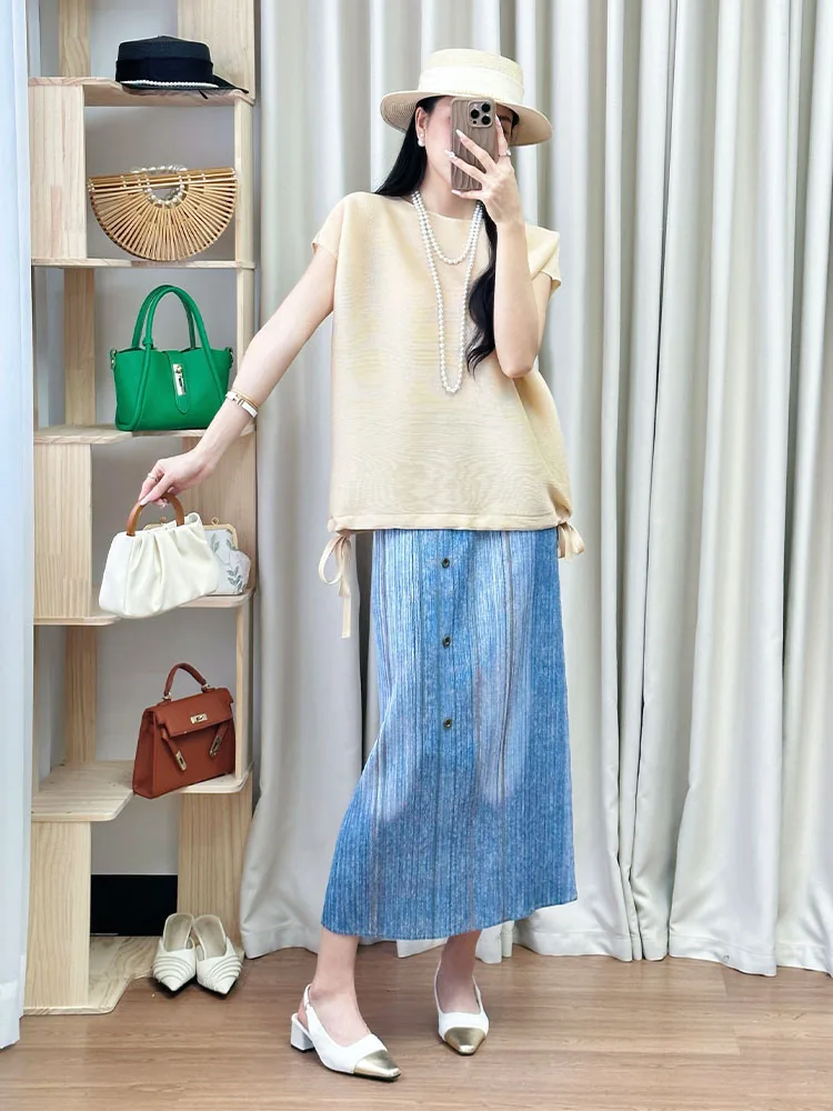 

Летний комплект из трех предметов с плиссировкой по низу на шнурке, абрикосовый цвет, в стиле San-Ai, женский модный ансамбль, короткий рукав, круглый вырез