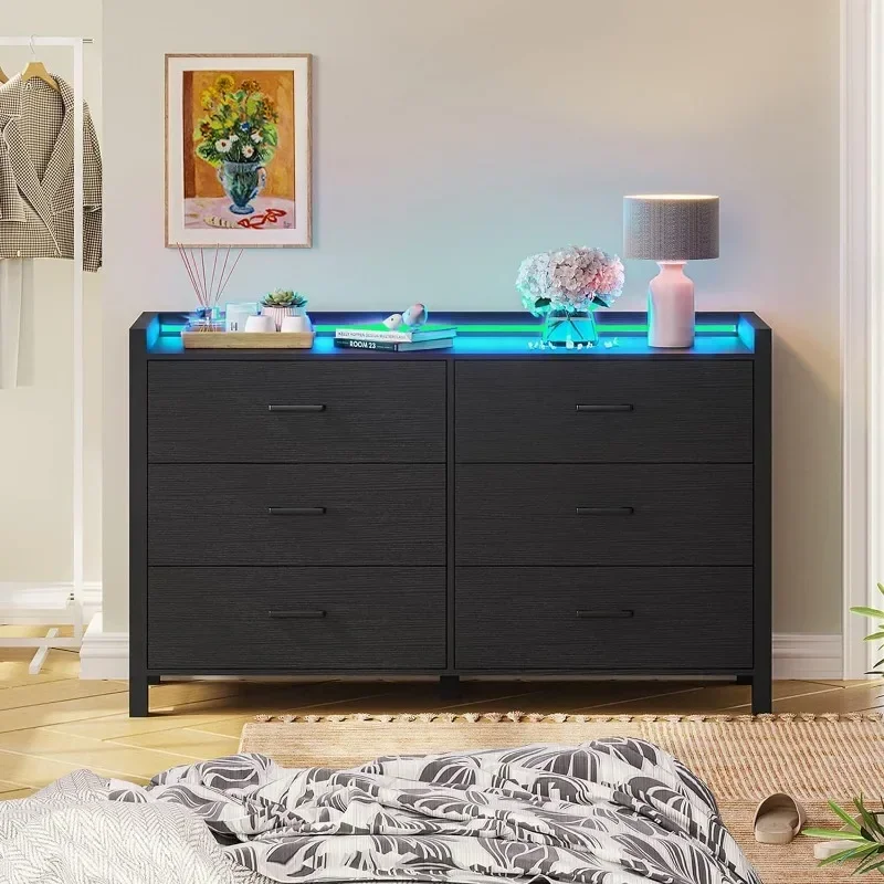 Duplo Dresser com luzes LED, peito de madeira de gavetas, mesa maquiagem, armazenamento moderno, quarto, 6 gavetas