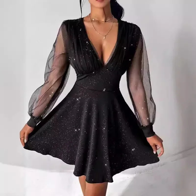 Robe Mi-Longue en Maille à Manches sulfpour Femme, Sexy, Col en V, Embellissements à Paillettes, Élégant, Slim Fit, Vacances, Plage, Mode, ix