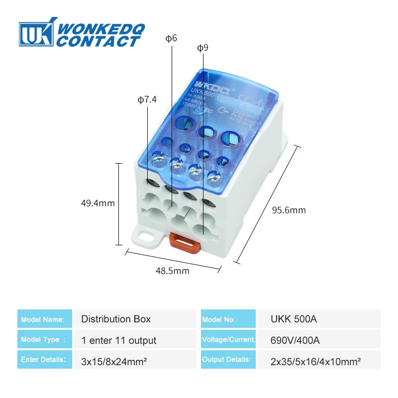 UKK 500A UKK500A Din Rail Junction Box 1 In 11 Out Universal Wire Electrical Connector Terminal Block Power Distribution Box